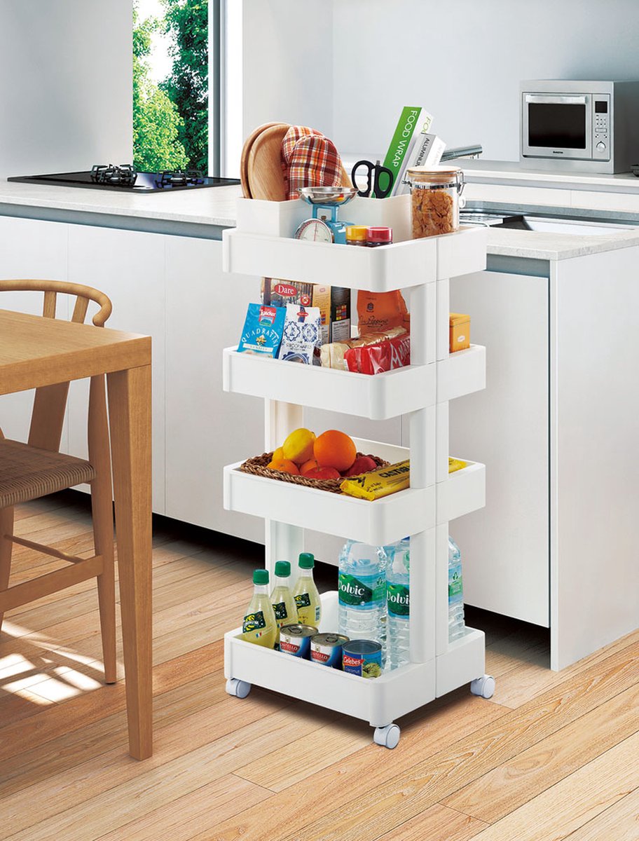 Motek® - Keukenrek opbergrek - 4 laags op Wieltjes met Vakken - kast - Keuken organizer - Keukentrolley met wielen - Badkamer - Wit