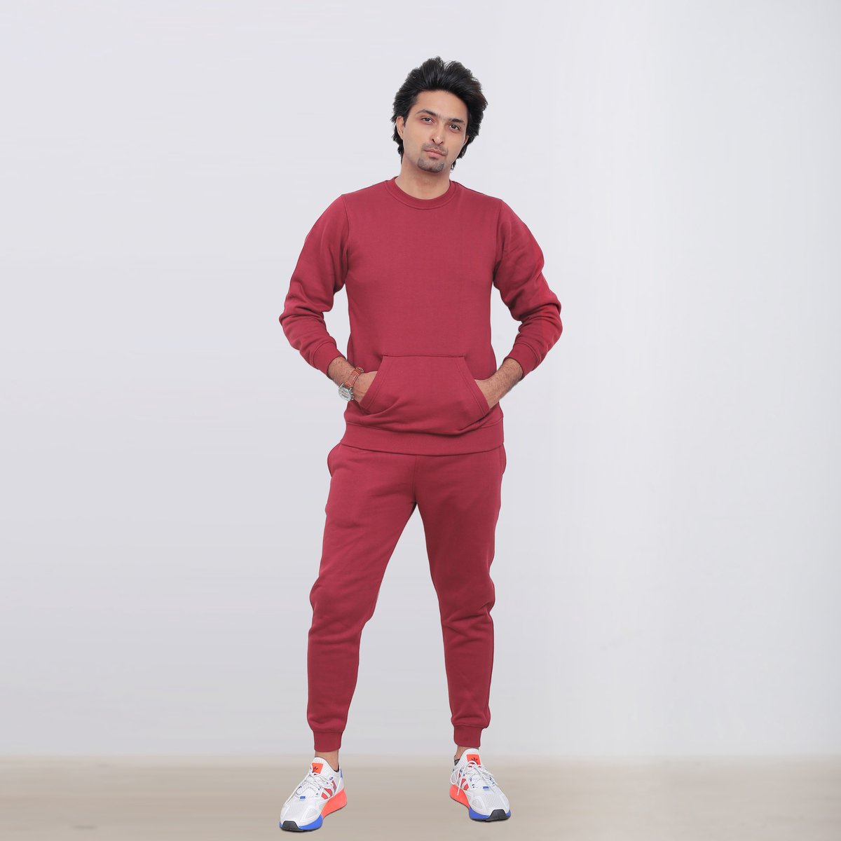 ICONICX Mens Plain Tracksuit Fleece Pullover Sweatshirt with Trousers Cotton Jogging Suit Exercise, Fitness, Boxing MMA, Maroon