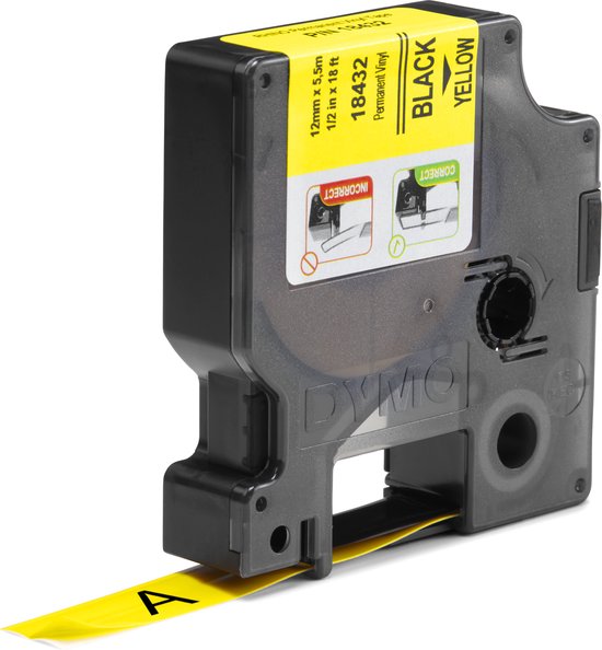 DYMO labelrol cassette, 12mm x 5.5m, permanent vinyl, zwarte opdruk op geel.