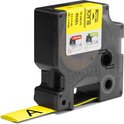 DYMO Rhino labelcassette met gele Heat-Shrink Tube, zwarte afdruk, 19 mm x 1,5 m. Instructies voor 'incorrect' en 'correct' gebruik.