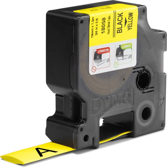 DYMO Rhino labelcassette met gele Heat-Shrink Tube, zwarte afdruk, 19 mm x 1,5 m. Instructies voor 'incorrect' en 'correct' gebruik.