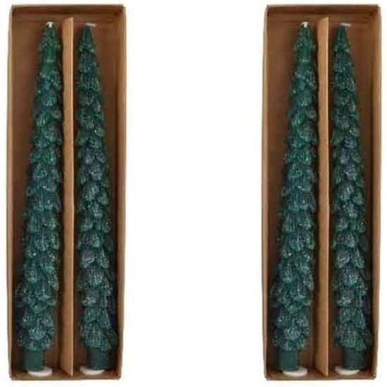 4x Kerstboom kerst kaarsen donkergroen 26 cm - kerstdiner kaarsen