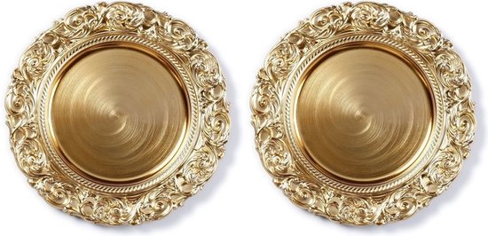 12x Diner borden/onderborden goud met decoratieve rand 33 cm rond - onderbord / kaarsenbord / onderzet bord