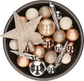 Decoris Kerstballen met piek - 33st - kunststof bruin-wit-zilver 8 cm