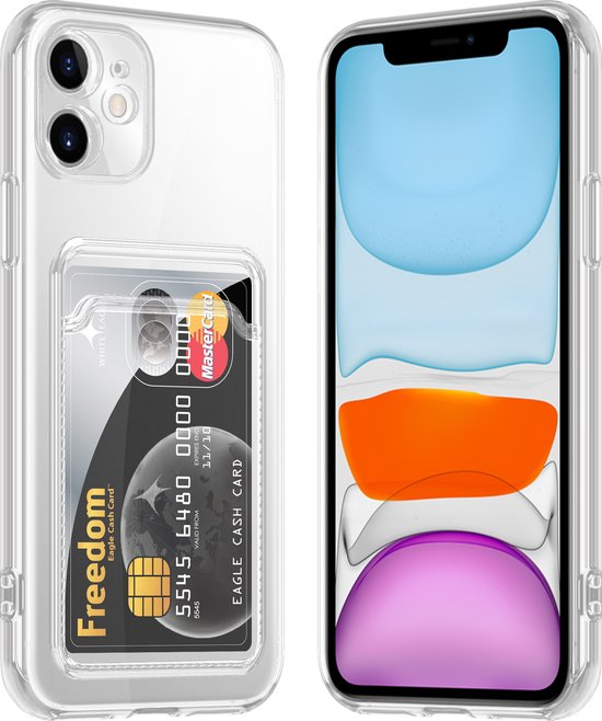 Transparant telefoonhoesje voor iPhone 11 met een zwarte pasjeshouder waarin een Master Card en 'Freedom Eagle Cash Card' staat.