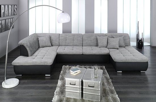 Canapé d'angle Fabrice - Similicuir Zwart - 5 places - Assise Similicuir Zwart - Tissu gris foncé - Canapé d'angle Seats4You