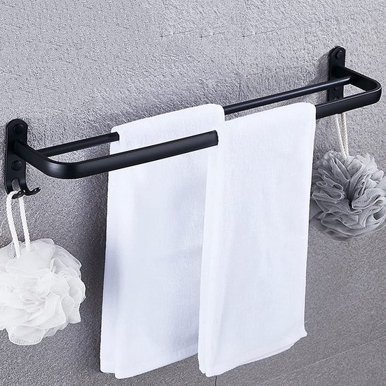 Porte-Serviettes Murale - Sans Perçage - Adhesif Porte Serviette Salle de  Bain- Avec 2 crochets - Pour salle de bain,Toilettes, 60 cm Noir (2 couches)