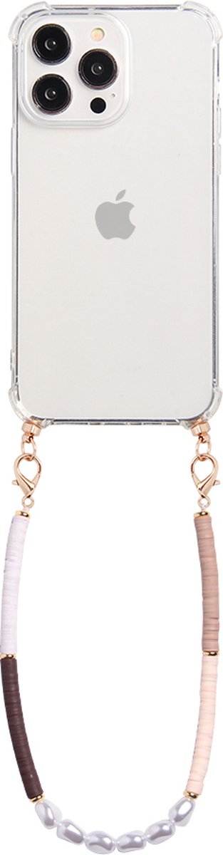 Casies hoesje geschikt voor Apple iPhone 12 / 12 Pro met koord - Parel kralen mix ketting - short size - crossbody - Cord Case Pearl