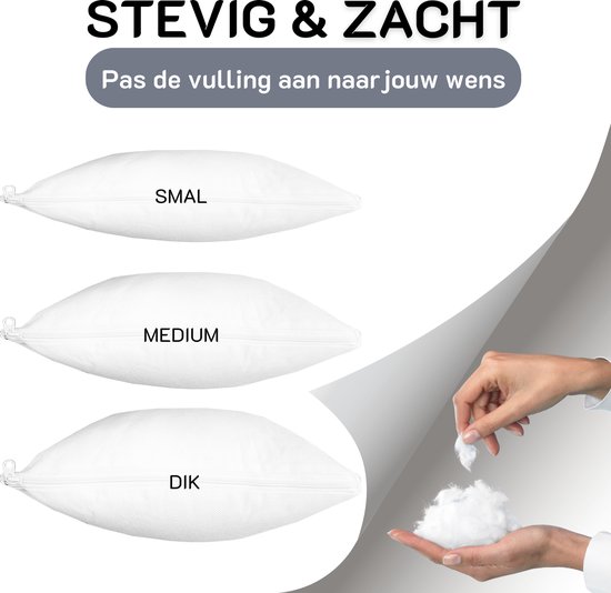 Drie witte kussens die de maten smal, medium en dik illustreren, met uitleg over vulling.