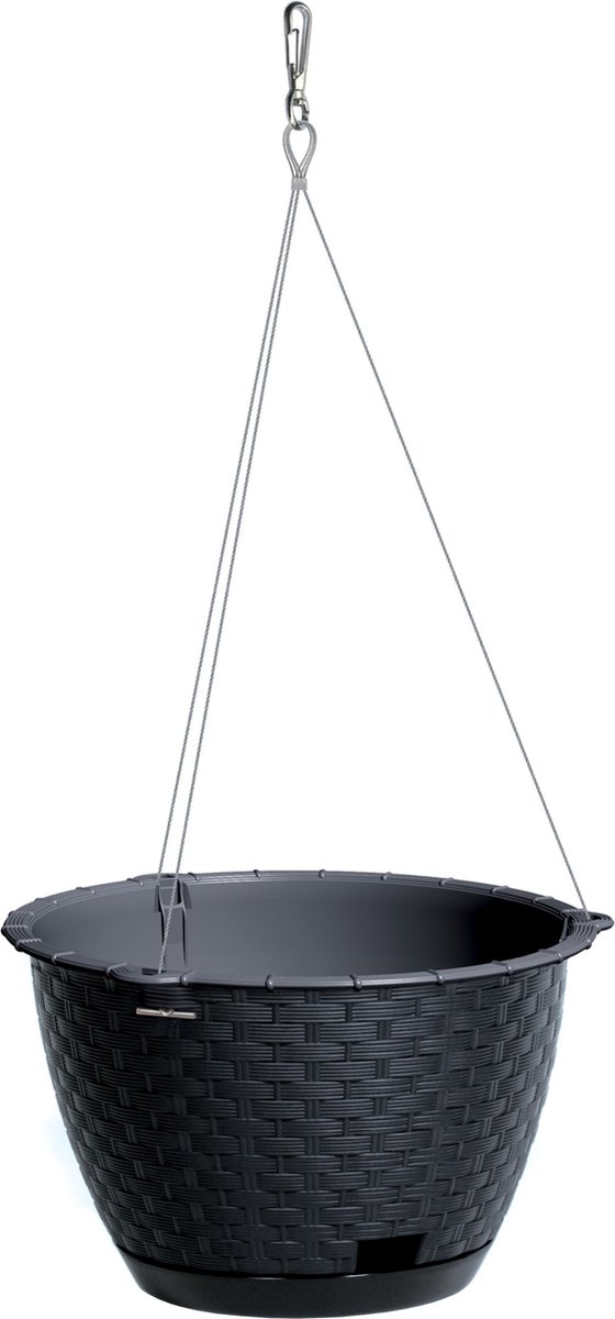 1x Stuks antraciet hangende ratolla kunststof bloempotten/plantenpotten rotan met schotel 4,85 liter - 25 cm - Tuin hangdecoratie