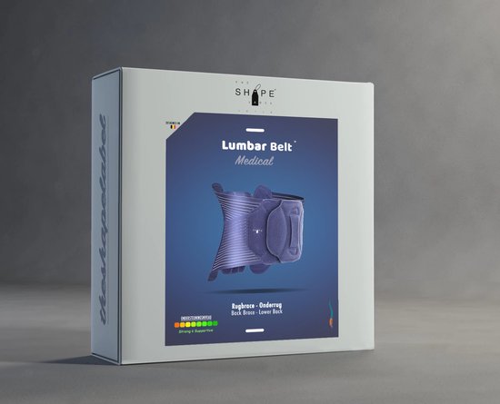 Verpakking van de Lumbar Belt Medical van The Shape Label. Met een afbeelding van de donkerblauwe rugbrace.