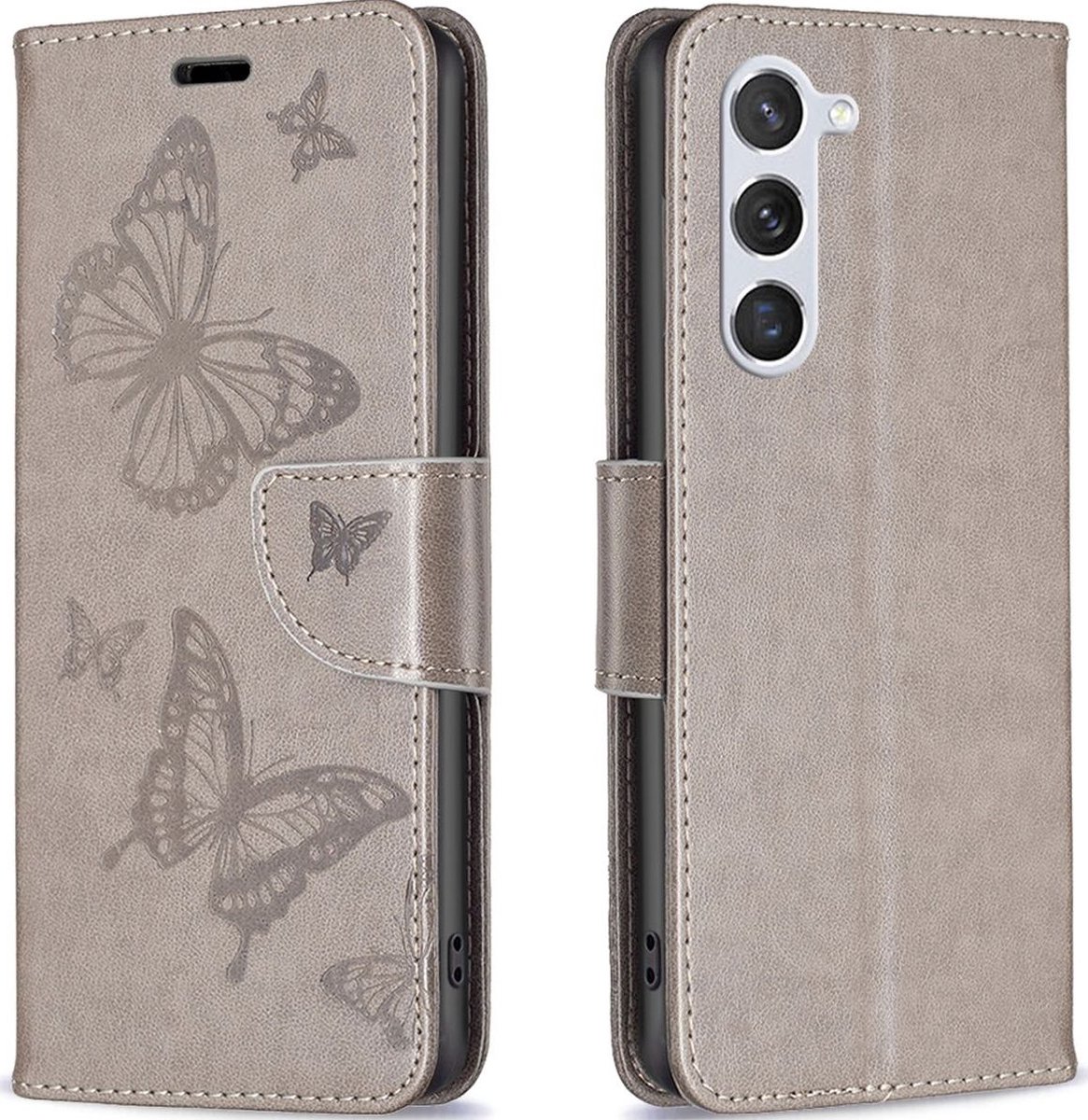 Mobigear Telefoonhoesje geschikt voor Samsung Galaxy S23 Hoesje | Mobigear Butterfly Bookcase Portemonnee | Pasjeshouder voor 3 Pasjes | Telefoonhoesje voor Pinpas / OV Kaart / Rijbewijs - Grijs
