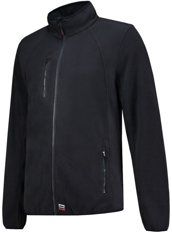 Zwarte Tricorp fleece jas met ritssluiting, hoge kraag, twee steekzakken en een borstzak met ritssluiting.