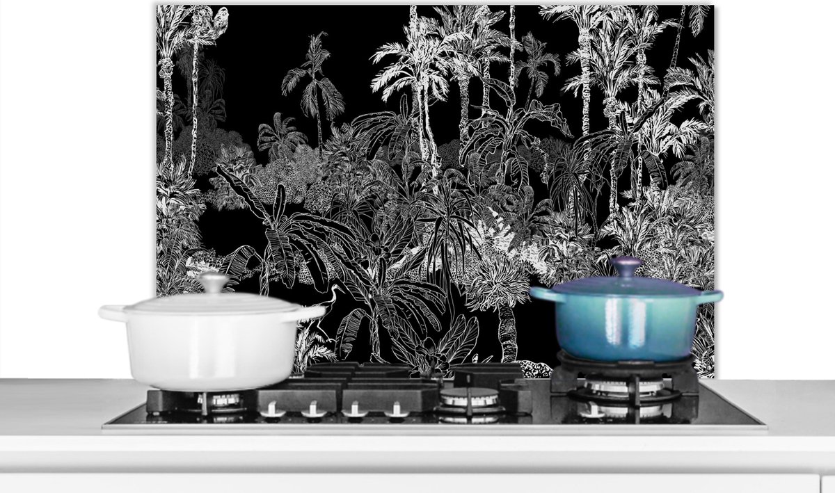 Spatscherm - Jungle - Palmboom - Tropical - Zwart - Wit - Muurbeschermer - 80x55 cm - Spatwand keuken