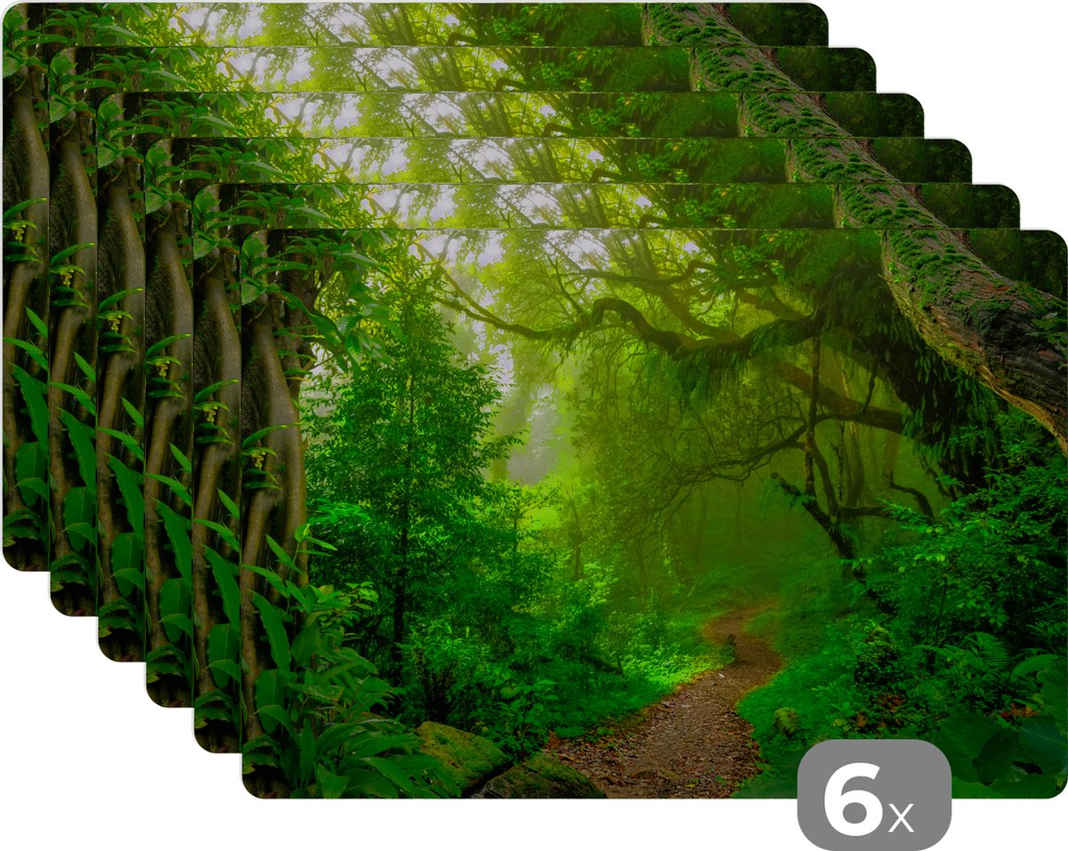 Placemat - Placemats kunststof - Landschap - Jungle - Tropisch - Zon - Groen - 45x30 cm - 6 stuks - Hittebestendig - Anti-Slip - Onderlegger - Afneembaar