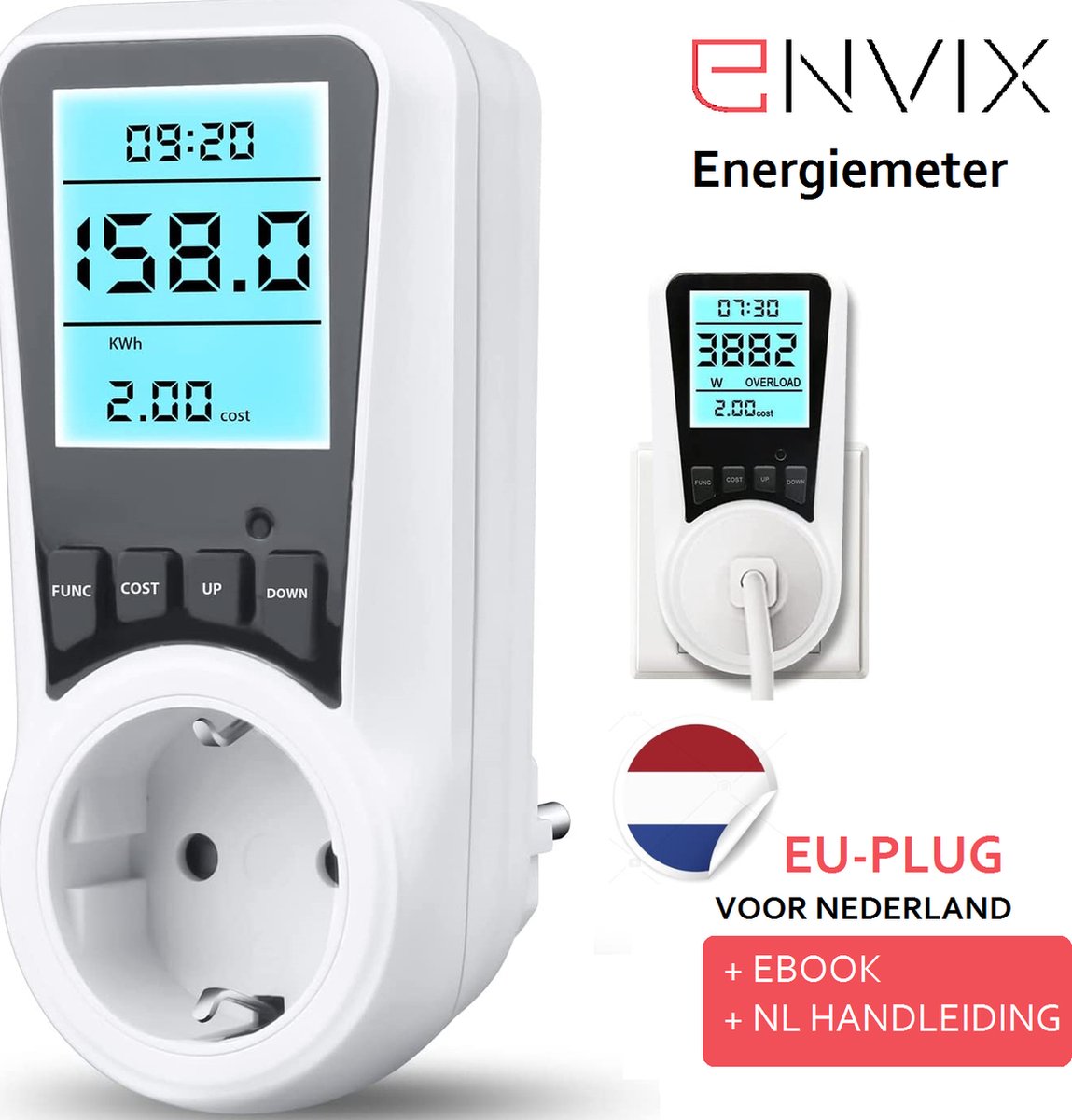 Envix energiemeter verbruiksmeter - energieverbruiksmeter - stroommeter - KWh meter - Energiemeter stopcontact - Elektriciteitsmeter - Nederlandse handleiding + ebook