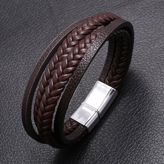 Bracelet pour Homme - Cuir Brun avec Fermeture en Acier - Double tresse - Bracelets - Cadeau pour homme - Cadeaux Masculins