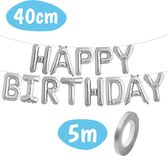 Happy Birthday Ballonslinger – Folie Ballonnen Slinger – Verjaardag Versiering Folie Ballon – Zilveren Feest Decoratie – Party Feestversiering – Kinderen en Volwassenen – Kinderfeestje – 5m Lint – Zilver