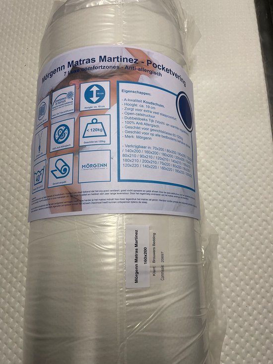 Matelas Drôme Martinez - Ressort ensaché - 7 zones de confort de luxe - Anti-allergique - Matelas 160x200 cm