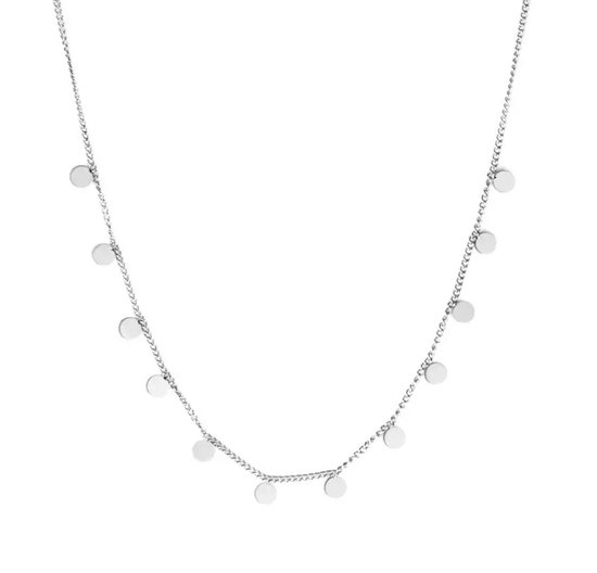 Zilverkleurige roestvrij stalen ketting met een fijne schakel en 11 ronde, platte bedeltjes.