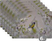 Placemat - Placemats kunststof - Vogel - Koolmees - Bloemen - Bloesemboom - 45x30 cm - 6 stuks - Hittebestendig - Anti-Slip - Onderlegger - Afneembaar
