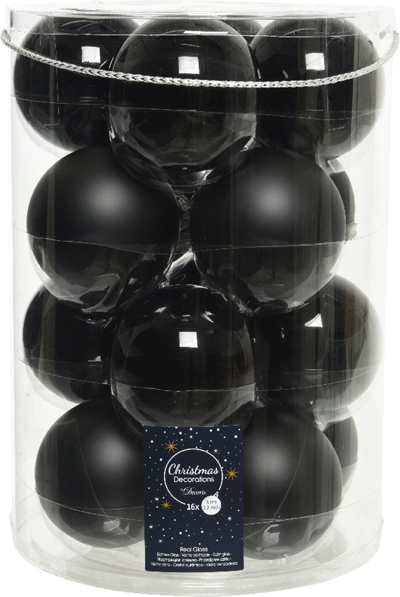Bol.com Decoris kerstballen - 16x stuks - zwart - glas - 8 cm - mat/glans - kerstboom versiering - kerstversiering aanbieding
