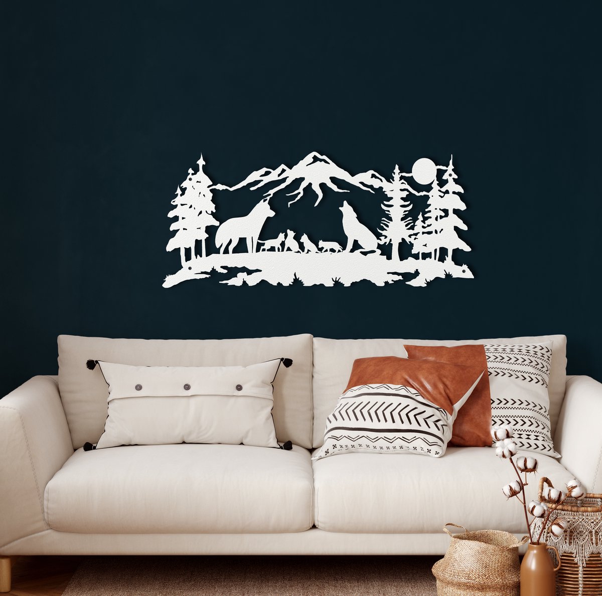 Wanddecoratie |Wolf Familie / Wolf Family| Metal - Wall Art | Muurdecoratie | Woonkamer | Buiten Decor |Wit| 75x33cm