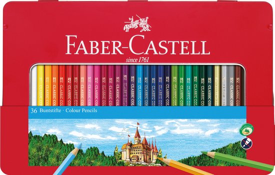 Rode metalen doos met 36 Faber-Castell Classic Colour Pencils in regenboogkleuren. Doos met afbeelding van een kasteel en landschap.