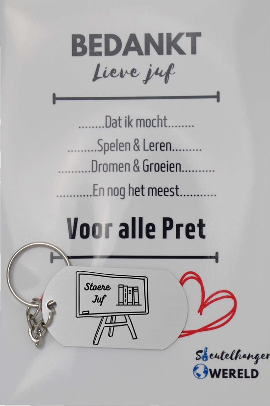 Stoere juf Sleutelhanger inclusief kaart - juf cadeau – Cadeaupakket Juf - einde schooljaar - afscheid - Leuk kado voor je juf om te geven - 2.9 x 5.4CM