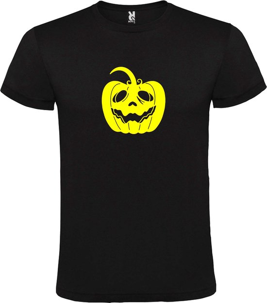 Zwart T-Shirt met “ Halloween Pompoen “ afbeelding Neon Geel Size XXXL