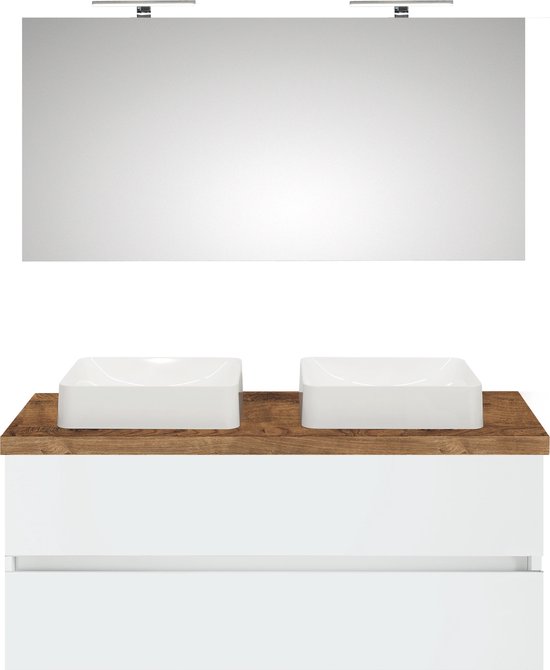 Teak & Living Wastafelmeubel met onderblad & 3 lades Unf. inclusief 2 natuurstenen waskommen White