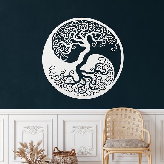 Wanddecoratie | Levensboom Yin Yang / Tree of Life Yin Yang | Metal - Wall Art | Muurdecoratie | Woonkamer | Buiten Decor |Wit| 60x60cm