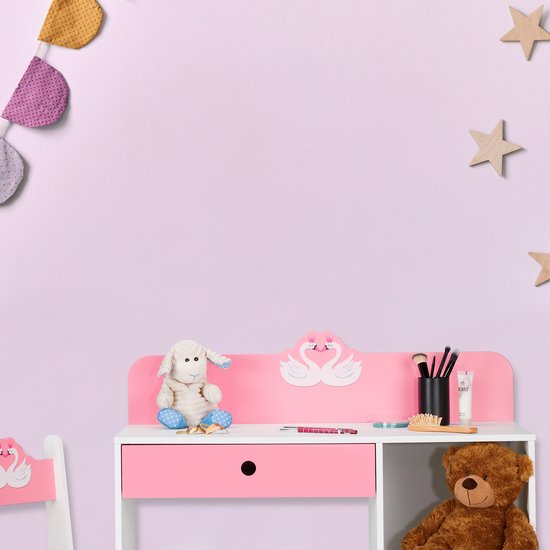 kinderbureau en stoel - lade - met opbergruimte - zwaan - kindertafel - roze-wit