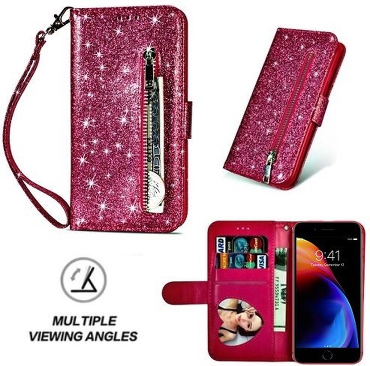 iPhone 8 Glitter Hoesje Met Pasjeshouder Bookcase Roze