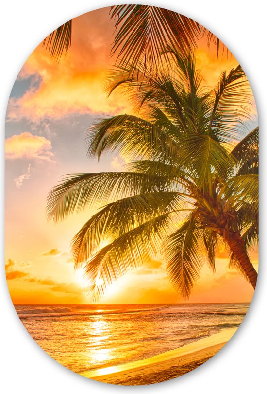 Wall Oval - Décoration murale Plastique - Tableau Ovale - Coucher de Soleil - Palmier - Nuages - Mer - Plage - 60x90 cm - Forme Miroir Ovale sur Plastique