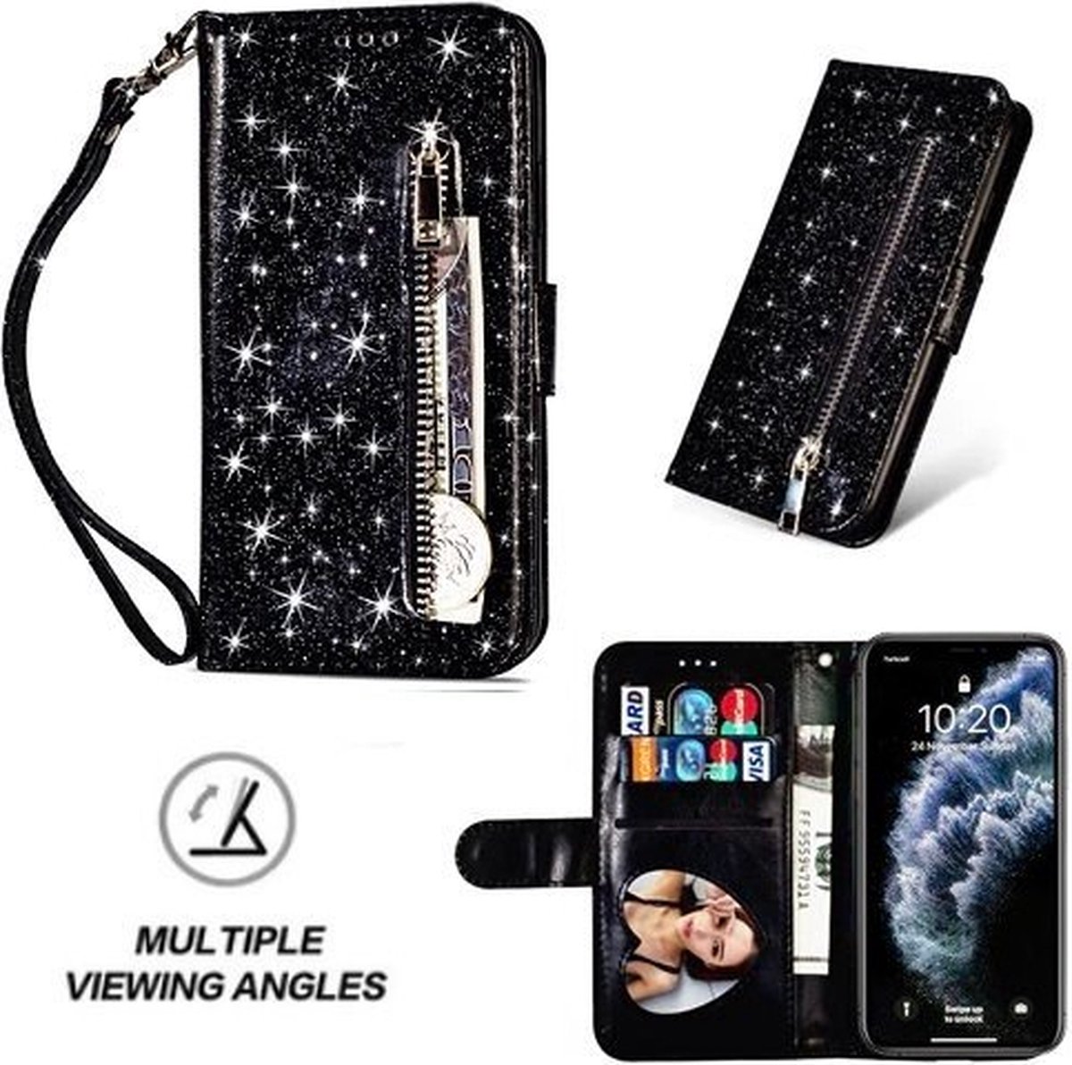 iPhone 11 Pro Max Glitter Hoesje Met Pasjeshouder Bookcase Zwart