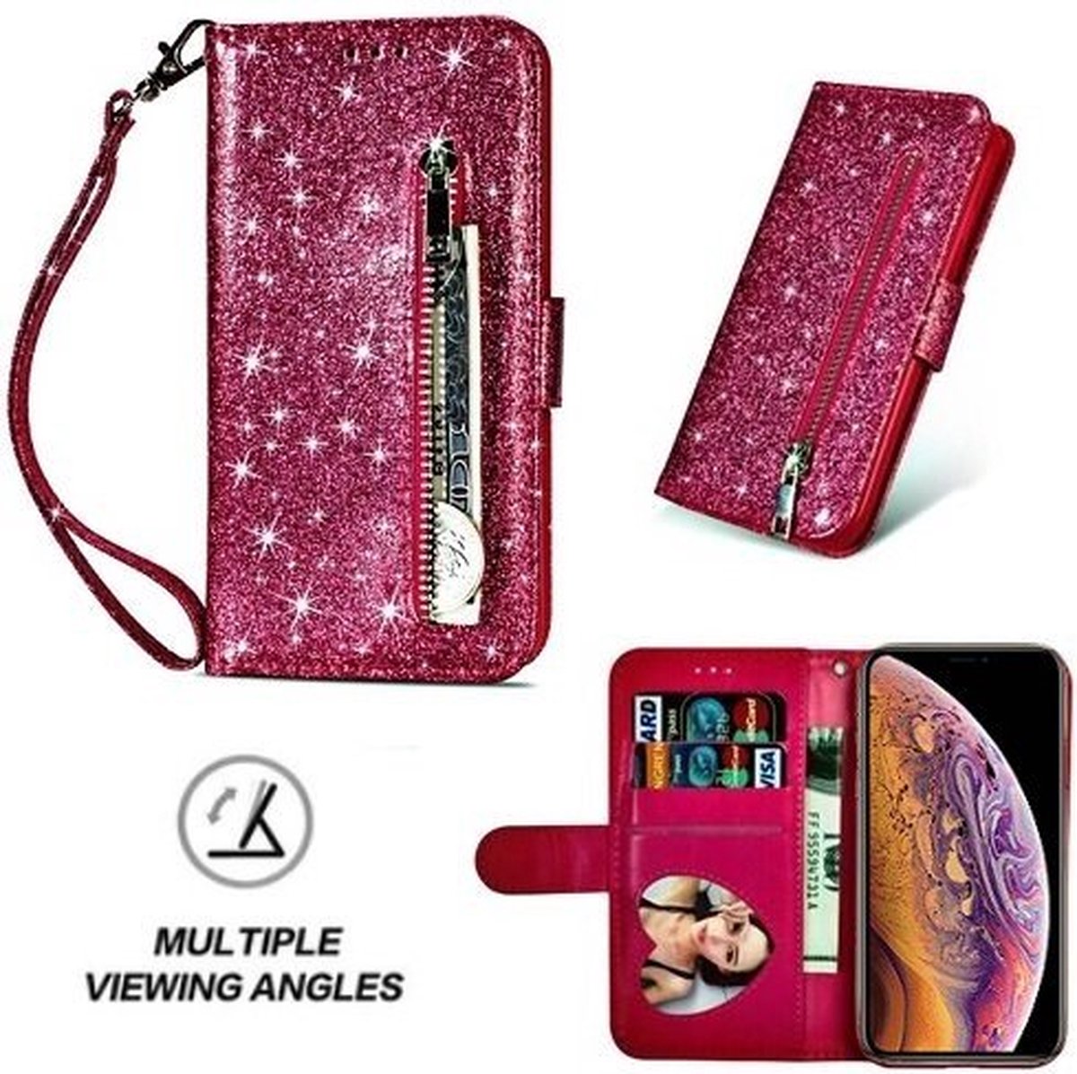 iPhone XS Glitter Hoesje Met Pasjeshouder Bookcase Roze