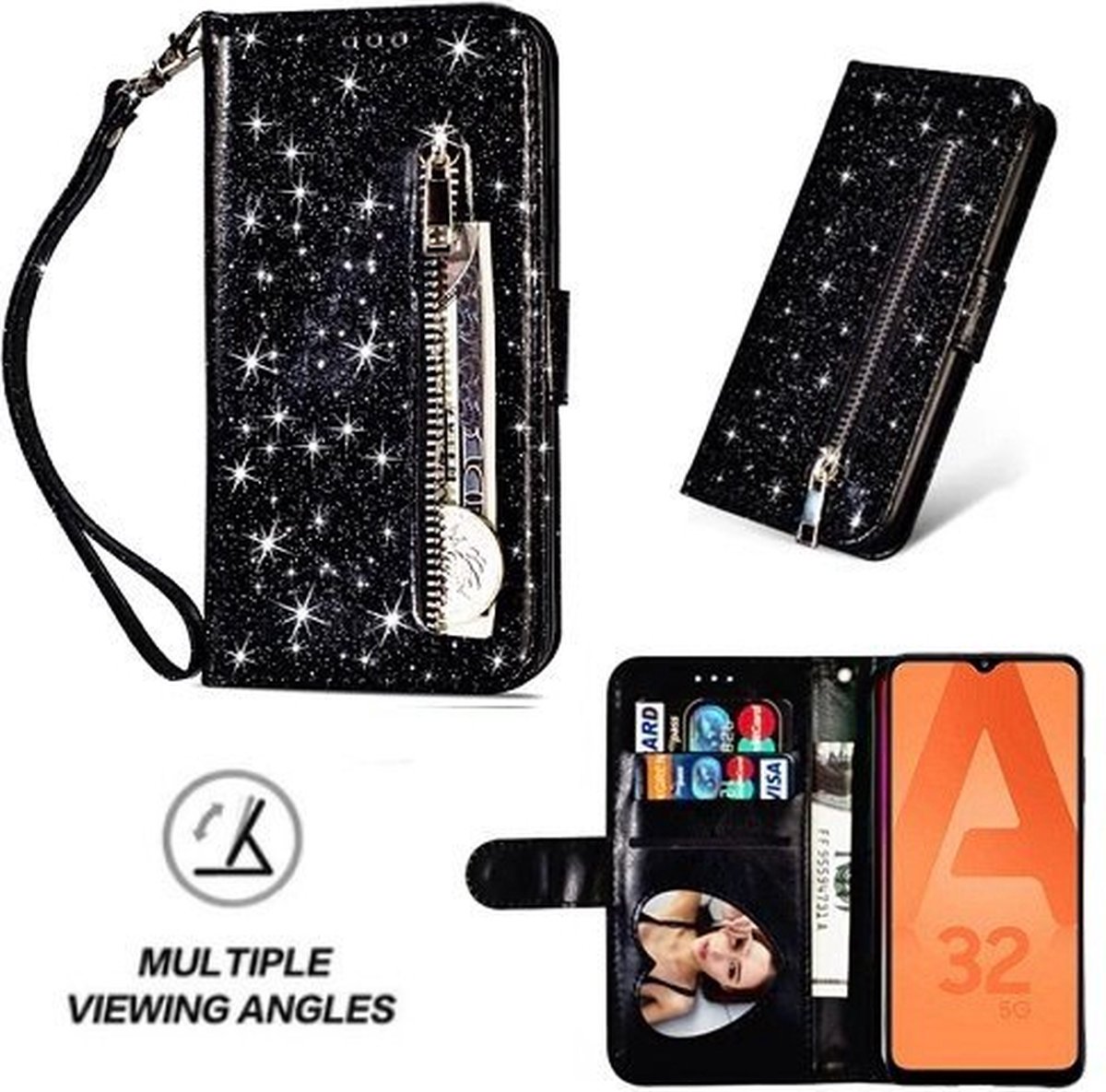 Samsung A32 5G Glitter Hoesje Met Pasjeshouder Bookcase Zwart