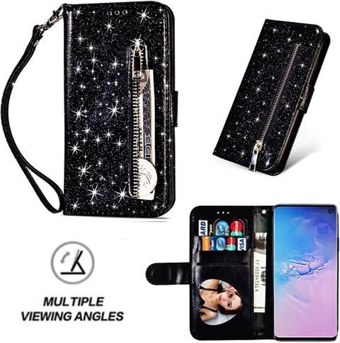 Samsung S10 Glitter Hoesje Met Pasjeshouder Bookcase Zwart