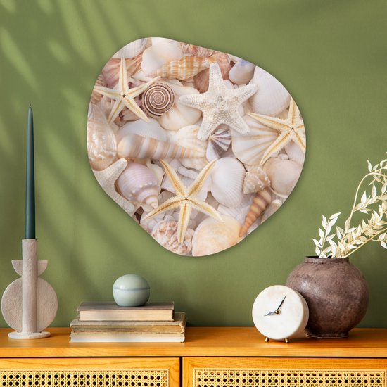 Décoration murale bio - Décoration murale en plastique - Tableau bio - Étoile de mer - Coquillages - Plage - Été - 60x60 cm - Forme miroir bio sur plastique