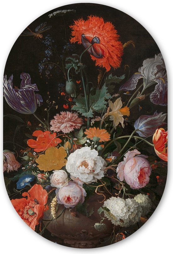 Muurovaal - Kunststof Wanddecoratie - Ovalen Schilderij - Stilleven met bloemen en een horloge - Schilderij van Abraham Mignon - 80x120 cm - Ovale spiegel vorm op kunststof