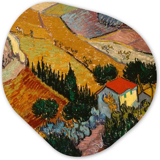 Organische Wanddecoratie - Kunststof Muurdecoratie- Organisch Schilderij - Landschap met een huis en een ploeger - Vincent van Gogh- 40x40 cm - Asymmetrische spiegel vorm op kunststof