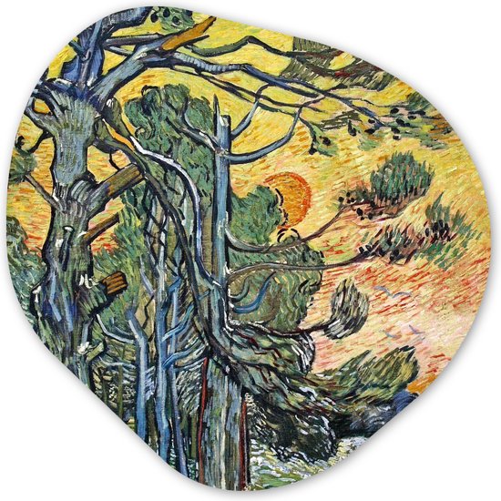 Organische Wanddecoratie - Kunststof Muurdecoratie- Organisch Schilderij - Dennenbomen bij zonsondergang - Vincent van Gogh- 60x60 cm - Organische spiegel vorm op kunststof