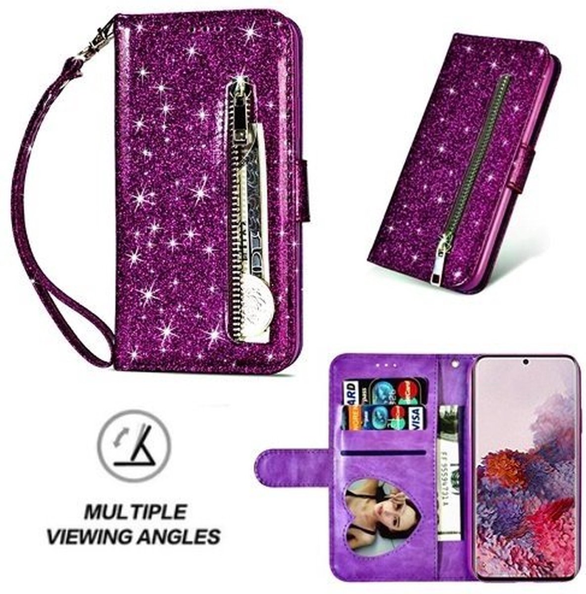 Samsung S20 Glitter Hoesje Met Pasjeshouder Bookcase Paars
