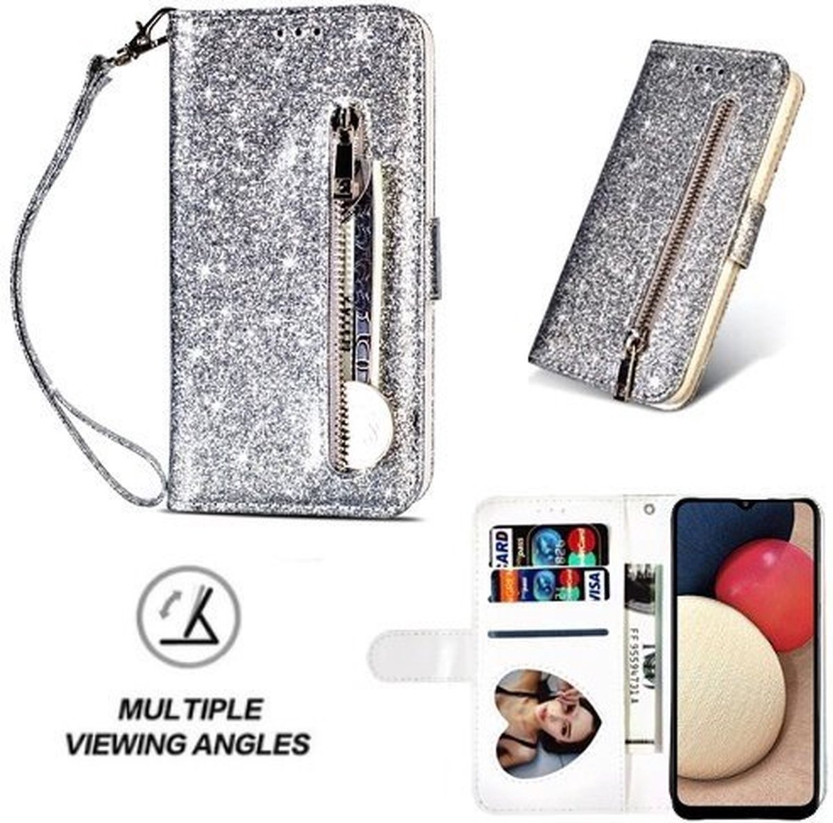 Samsung A02s Glitter Hoesje Met Pasjeshouder Bookcase Zilver