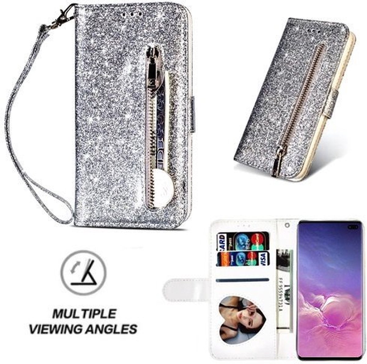 Samsung S10 Plus Glitter Hoesje Met Pasjeshouder Bookcase Zilver
