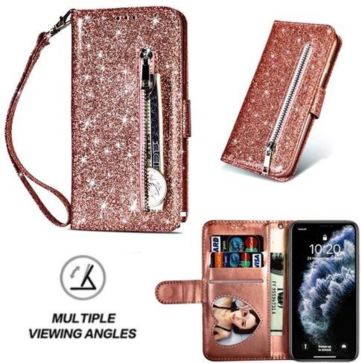 iPhone 11 Pro Max Glitter Hoesje Met Pasjeshouder Bookcase Rose Goud