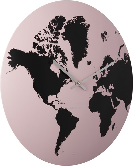 Wall clock World Map metal light pink