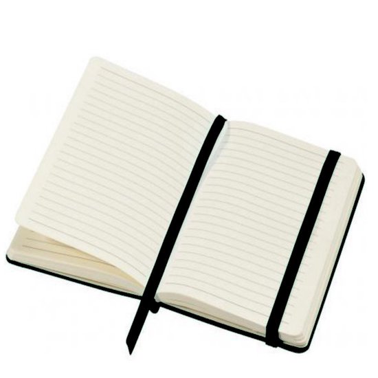 Open zwart notitieboek met gelinieerde pagina's, een lintbladwijzer en elastische sluiting.