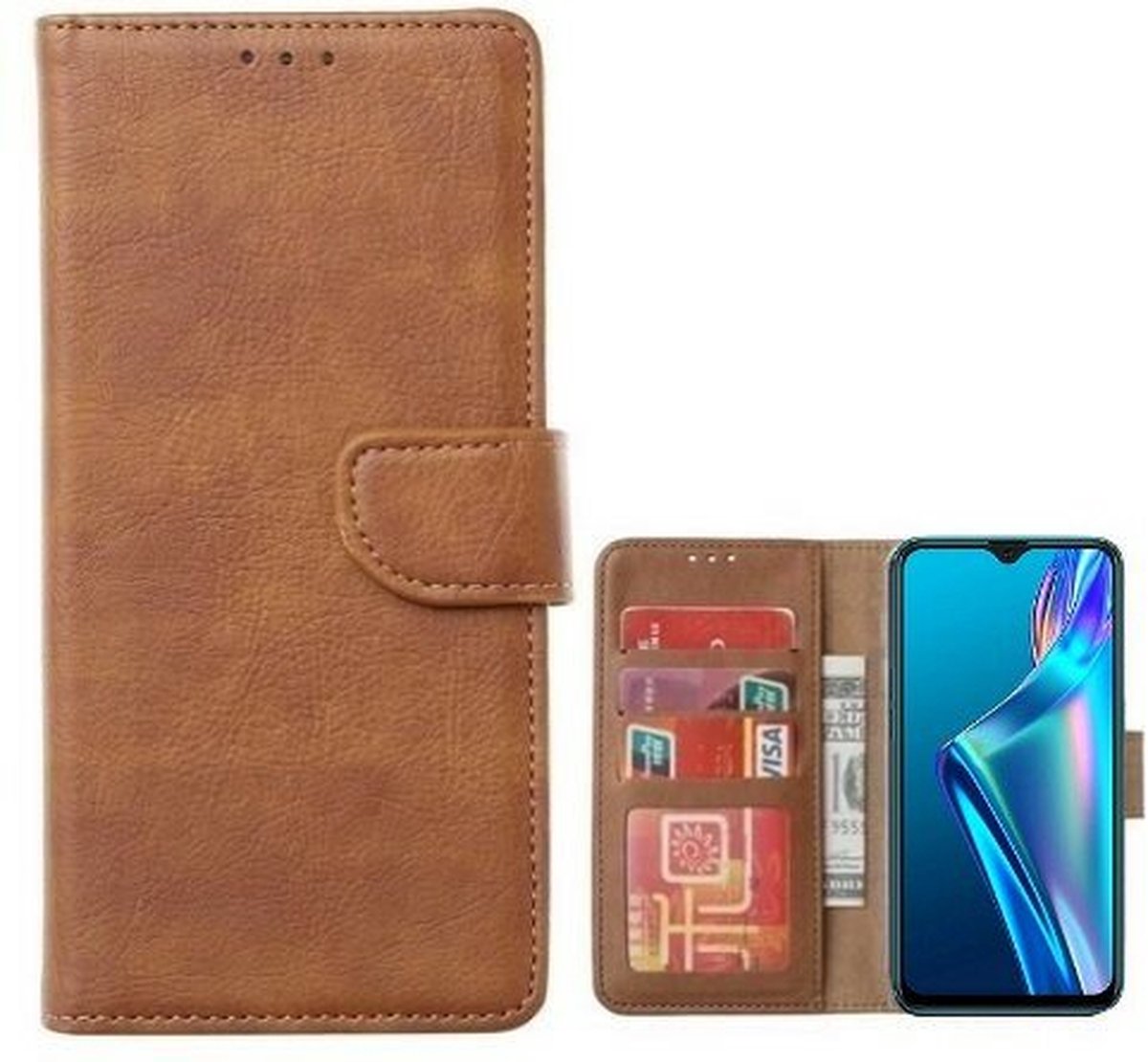Oppo A12s Hoesje Met Pasjeshouder Bookcase Bruin